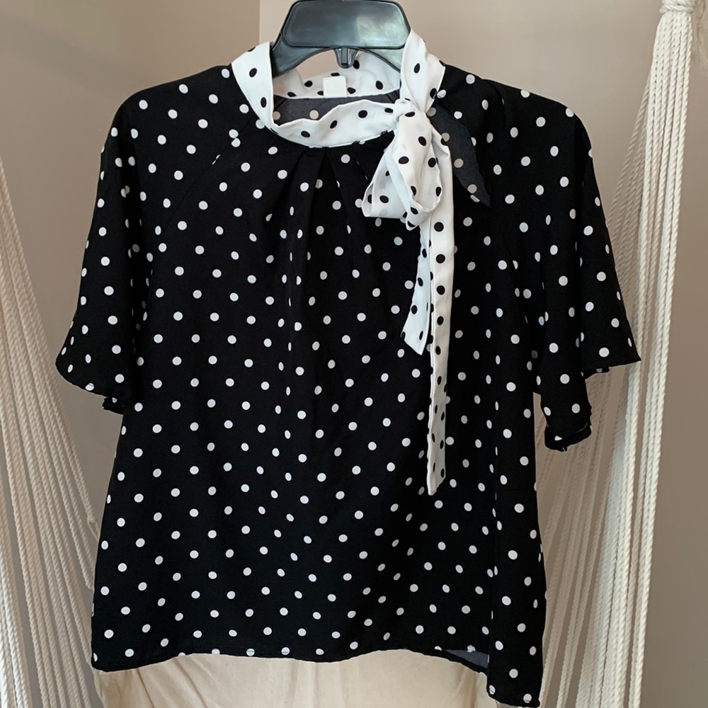 Women’s Large- Black & White Polka Dot shirt with tie neck/ open shoulder